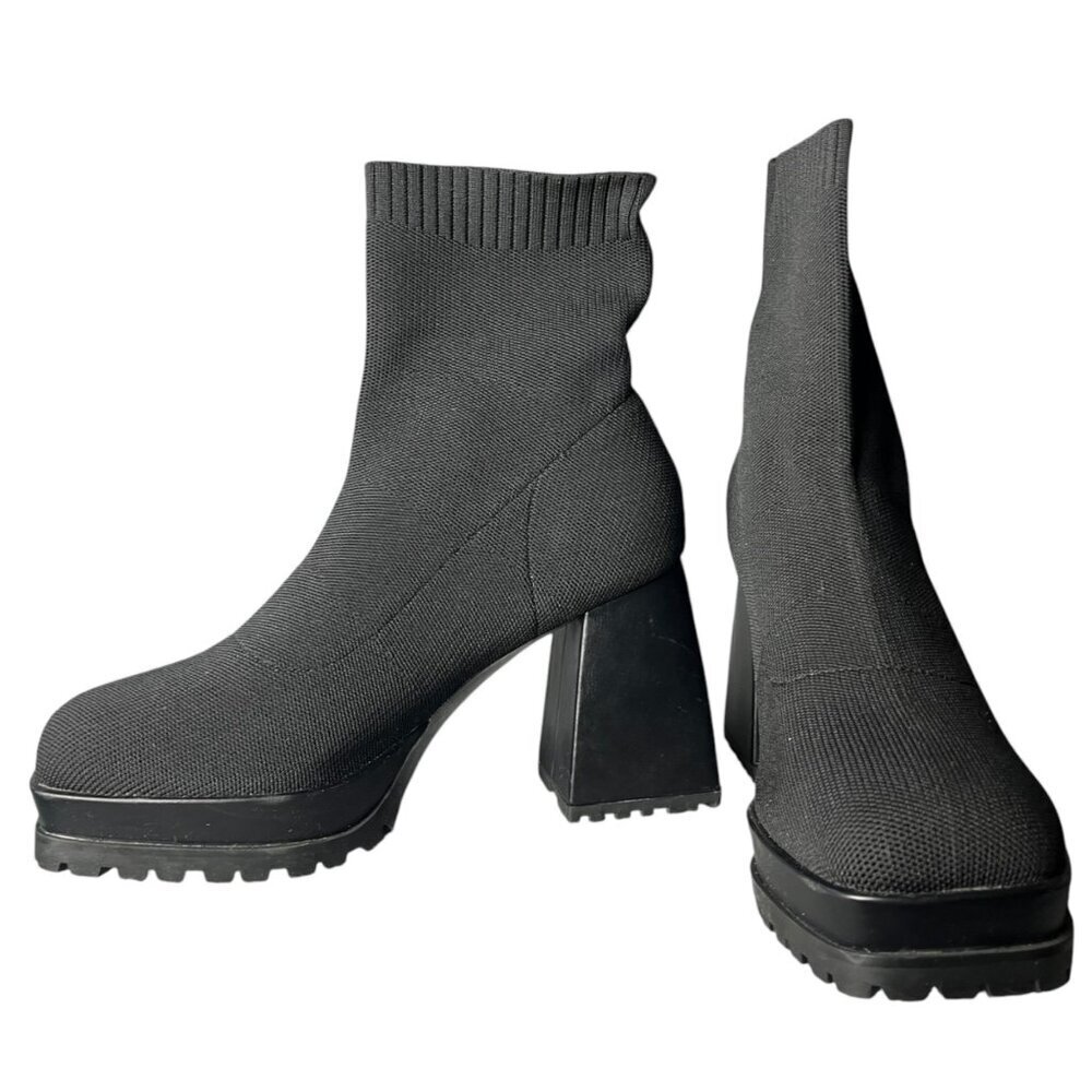 Women's Black Knit Platform Ankle Boots with Block Heel